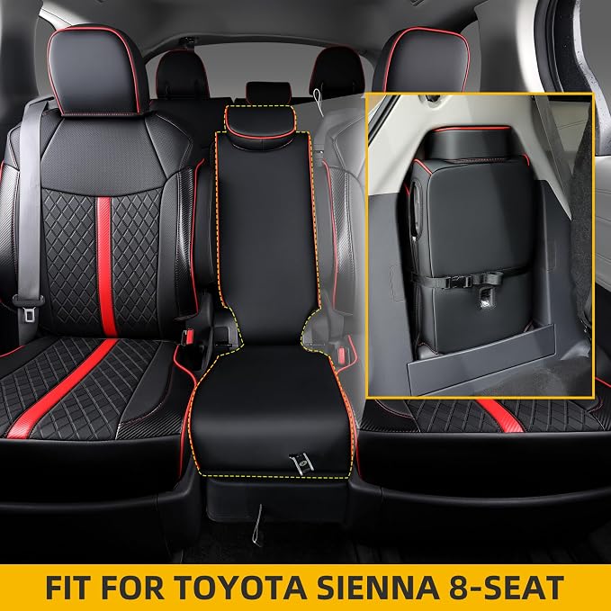 Custom Fit Sienna Seat Covers for 2021-2026 Toyota Sienna LE XLE 8-Seat, Waterproof Faux Leather Full Set Airbag Compatible 3-Row Car Seat Protectors (Black+red)