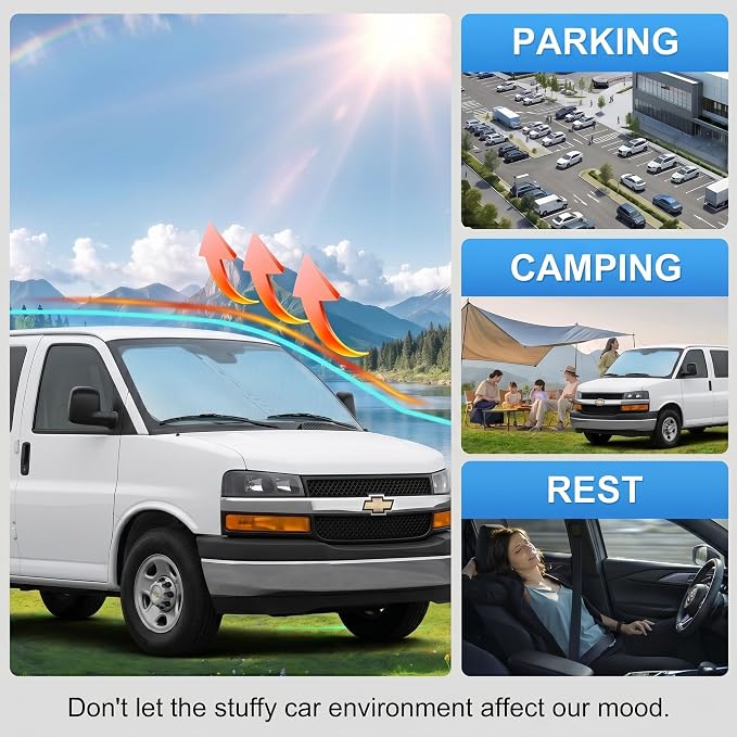 Custom Fit Windshield Sun Shade for Chevy Chevrolet Express 1996-2026 | Custom Fit Windshield Cover, Blocks UV Rays, Double-Layer Heat Shield, Durable Frame, Easy Fold & Storage