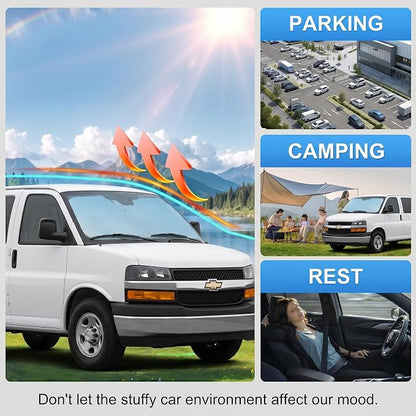 Custom Fit Windshield Sun Shade for Chevy Chevrolet Express 1996-2026 | Custom Fit Windshield Cover, Blocks UV Rays, Double-Layer Heat Shield, Durable Frame, Easy Fold & Storage