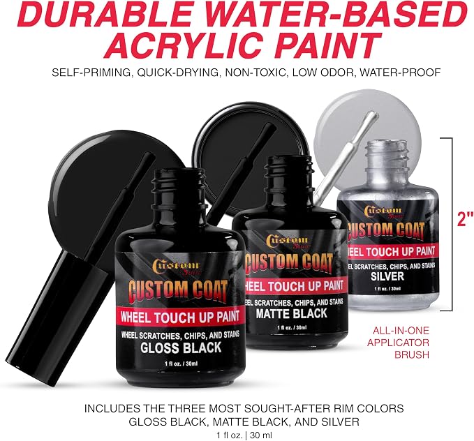 Custom Shop Silver Black Rim Touch Up Paint Kit - Wheel Paint Curb Rash Repair Scratches, Chips - 3 Colors Gloss Black, Matte Black, Silver - Automotive Car Rim Paint Touch Up Pen for Metal