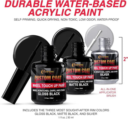 Custom Shop Silver Black Rim Touch Up Paint Kit - Wheel Paint Curb Rash Repair Scratches, Chips - 3 Colors Gloss Black, Matte Black, Silver - Automotive Car Rim Paint Touch Up Pen for Metal
