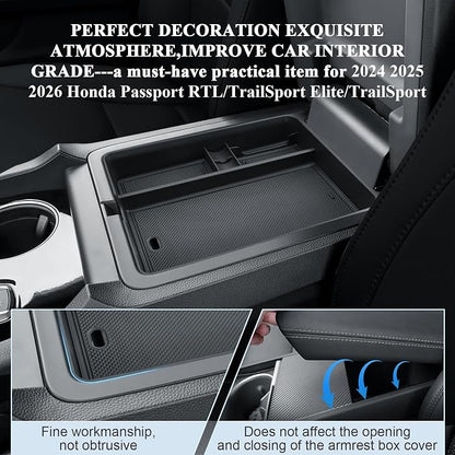 BIBIBO for 2026 Honda Passport Center Console Organizer 2026 Honda Passport RTL/TrailSport Elite/TrailSport Console Tray 2026 Passport Insert Glove Pallet Organizer 2026 Passport (Black-B)