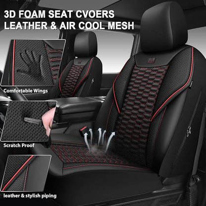 CAR PASS 3D Foam Mesh Leather Car Seat Covers Front Seats, Air Cool Mesh Front Seat Covers for Car, Universal Fit for SUV Truck Sedan Automotive, Armrest Airbag Compatible,Black and Red