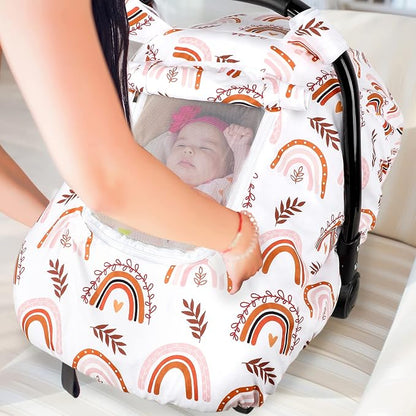 Pea Pod Baby Car Seat Cover Girls, Infant Rainbow Car Seat Covers Canopy for Newborn,2 Layers Windows of Breathable Mesh/Fabric, Lightweight Polyester/Minky Dot Backing, Snug Fit Most Baby Car Seat