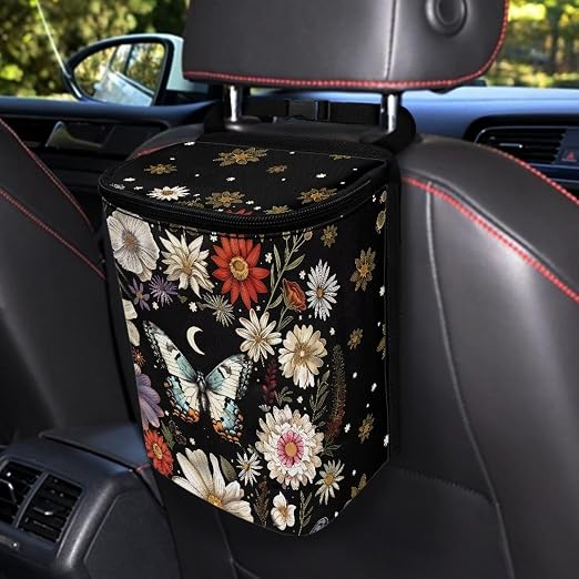 Talayituse Butterfly Daisy Moon Print Car Trash Can with Lid, Leak Proof Auto Trash Bag Hanging Vehicle Garbage Can Multipurpose Storage Container for Back Seat Road Trip