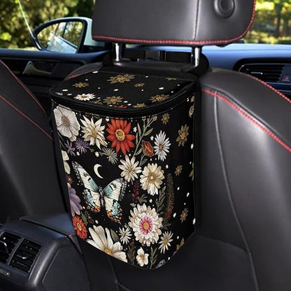 Talayituse Butterfly Daisy Moon Print Car Trash Can with Lid, Leak Proof Auto Trash Bag Hanging Vehicle Garbage Can Multipurpose Storage Container for Back Seat Road Trip