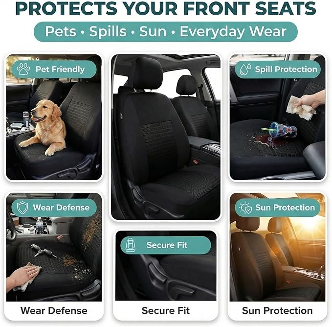 FH Group Universal Car Seat Covers Front Set for SUV Truck Sedan Vans | 3D Textured Breathable Fabric Seat Cover Set Protector with Airbag Compatible Interior Upgrade - Black