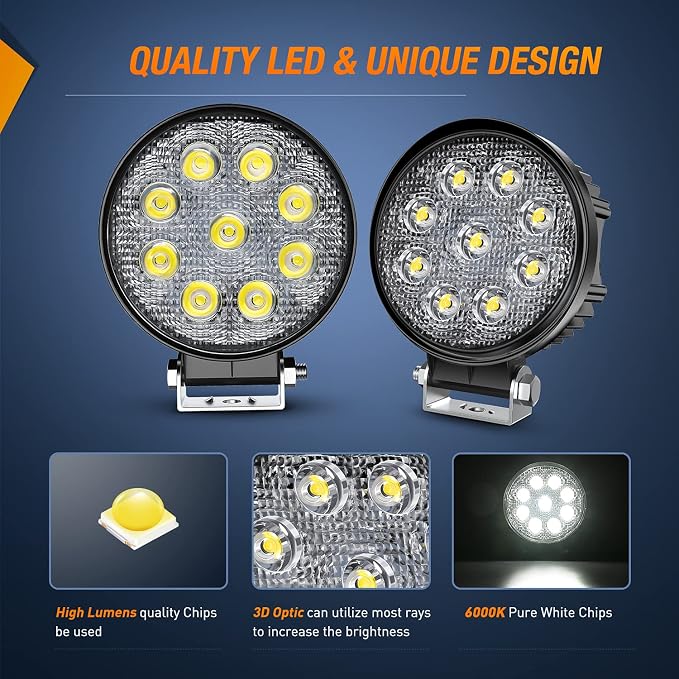 Nilight 2PCS 27W Round Flood Driving Lamp Waterproof Jeep Off Road Fog Lights with Off Road Wiring Harness- 2 Leads