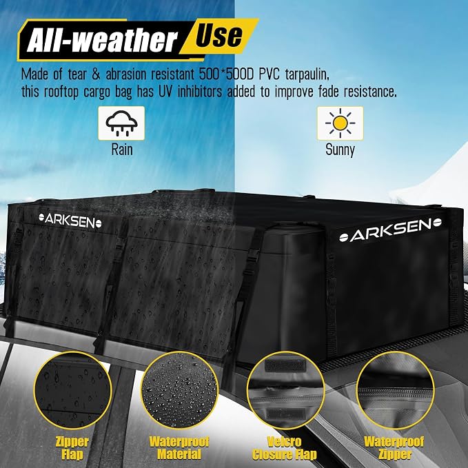 ARKSEN Rooftop Cargo Carrier Bag Extra-Wide 31.5 Cubic Feet Waterproof Heavy Duty Car Roof Rack Bag for Full-Size Cars with 10 Reinforced Straps, 6 Door Hook Straps & Anti-Slip Mat