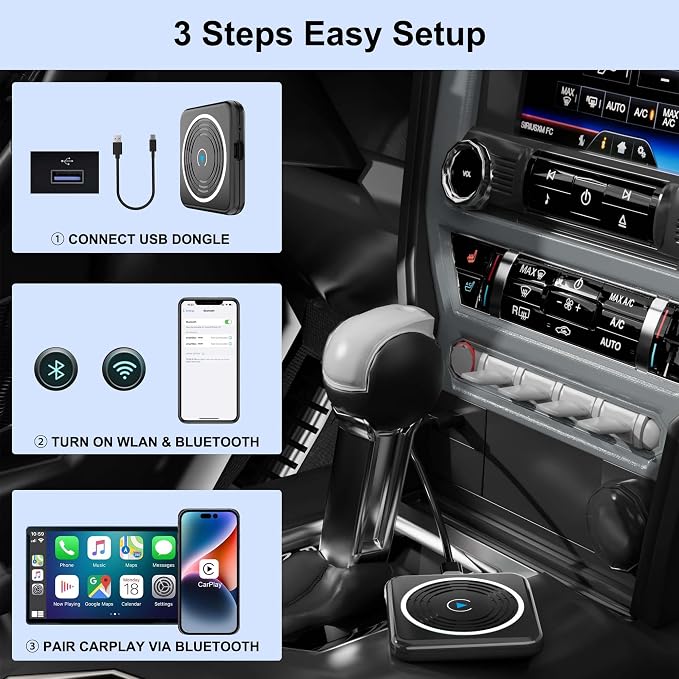 CarPlay Wireless Adapter, Wireless CarPlay Adapter for iPhone Converts Wired to Wireless CarPlay Dongle, Plug & Play Fit for Factory OEM Wired Apple CarPlay Cars from 2016 & iPhone iOS 10+