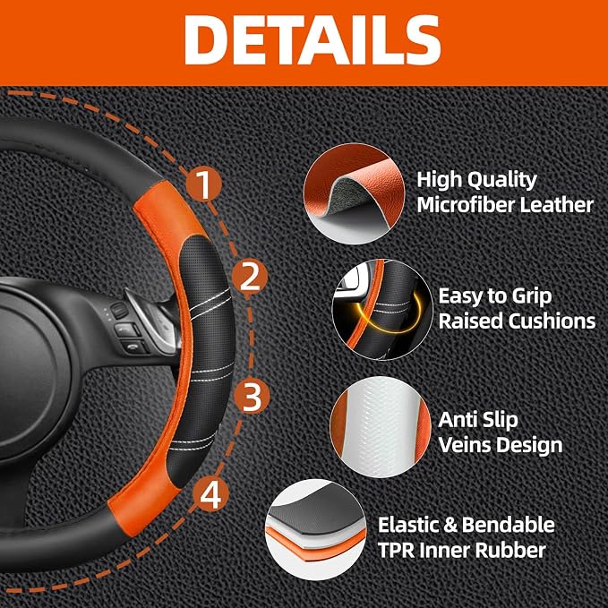 NBTEPEM 6 Pcs Orange Car Accessories Set, Sport Leather Steering Wheel Cover 14.5-15inch Universal, Microfiber Leather Car Center Console Cover, Seat Belt Cushion, Cup Holder Coaster (Black-Orange)