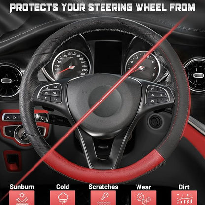SEG Direct Car Steering Wheel Cover Universal Standard Size 14.5-15 inch, Black and Red Microfiber Leather