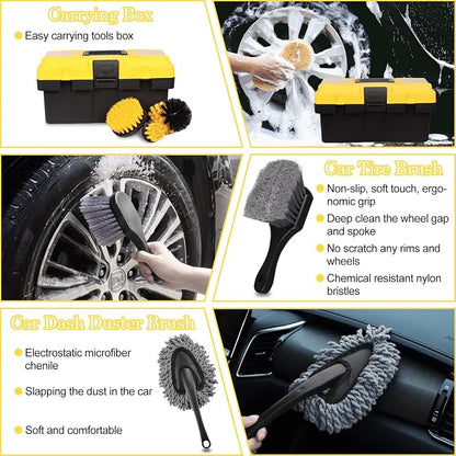 TTRCB 27Pcs Car Detailing Kit, Car Detailing Brush Set, Auto Detailing Drill Brush Set, Car Detailing Brushes, Car Wash Kit, Car Accessories, Car Cleaning Tools Kit for Interior, Exterior, Wheels