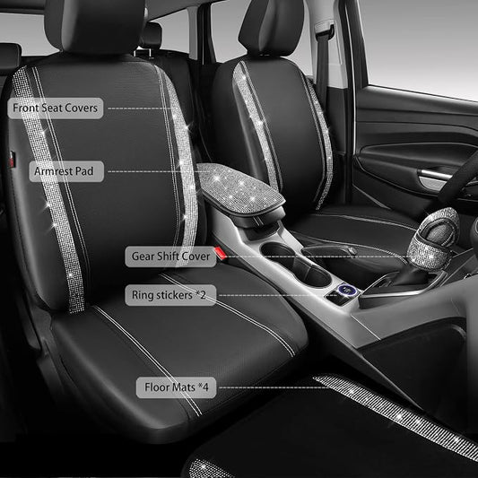 CAR PASS Rhinestone Bling Diamond Car Seat Covers Leather Shining Car Floor Mats Carpet Waterproof Anti-Slip Nibs Car Accessories Interior Sets for Women Silver Glitter White Sparkly Crystal