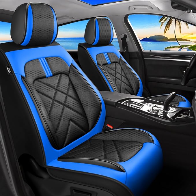 Tahoe Car Seat Covers Fit for Chevrolet/Chevy Tahoe 2011-2026, Full Coverage Leather Waterproof Breathable Seat Covers, Automotive Seat Protectors, Airbag Compatible, (Front Seats, Black-Blue
