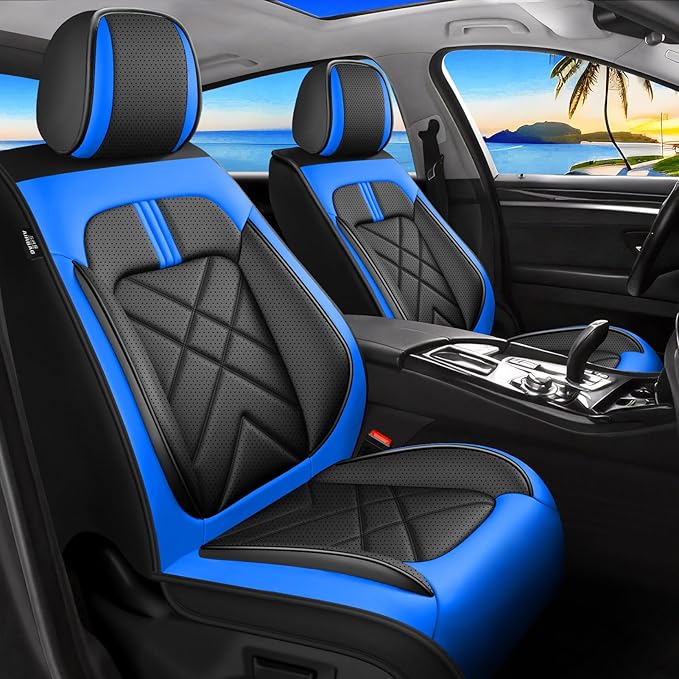 Impala Car Seat Covers Fit for Chevrolet/Chevy Impala 2014-2020, Full Coverage Leather Waterproof Breathable Seat Covers, Automotive Seat Protectors, Airbag Compatible, (2 Seats, Black-Blue)