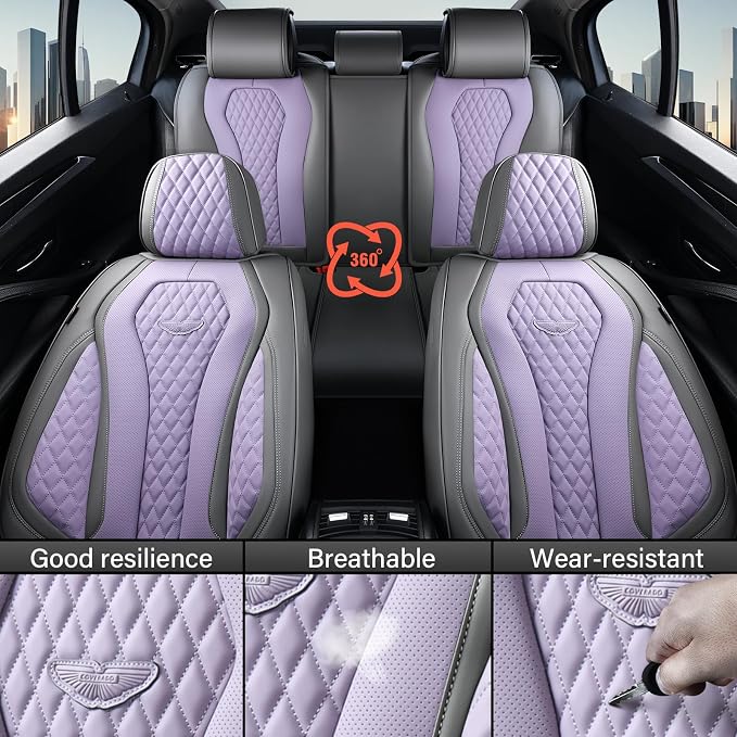 Coverado Automotive Seat Covers, Car Seat Covers Full Set, Purple Car Seat Cover, Car Seat Covers Front Seats Back Seat Cover, Waterproof Car Seat Cushion,Leather Seat Protector Fit for Most Cars