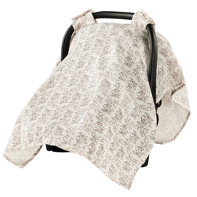 100% Muslin Cotton Car Seat Cover, Soft Breathable Car Seat Canopy for Baby, Universal Infant Carseat Sunshade, Lightweight Summer Stroller Cover for Boys Girls - Floral Print