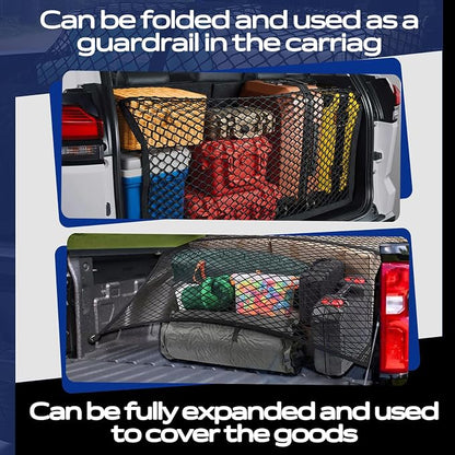 Double Layer Cargo Net for Truck Bed - for SUV/Truck/Pickup, 4'x4' Stretches to 7'x7' Highly Elastic Cargo Net - Trunk Organizer with 8 Hooks & Anti-Slip Clips - Universal Vehicle Storage Net
