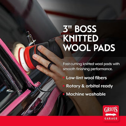 Griot's Garage BOSS Knitted Wool Pads for Car Detailing, Polishing and Paint Correction, Buffing Pads Compatible with BOSS Creams, 3”, Set of 3