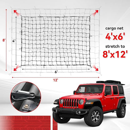 Reniteco Heavy-Duty 4'x6' Cargo Net Stretches to 8'x12' - Secures Heavy Loads with 12 Metal Carabiners, 4"x4" Mesh, Weather-Resistant & Includes Storage Bag for Trucks, SUVs, Jeeps, Trailers & Boats