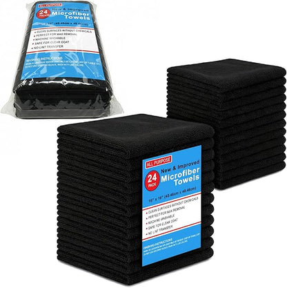 Blue Horizon Black Microfiber Cleaning Towels, 24-Pack Dual-Sided Ultra Soft Plush Washcloth, All Purpose Premium Microfiber Detailing Cleaning Cloths Shop Towels (16" x 16", Black)
