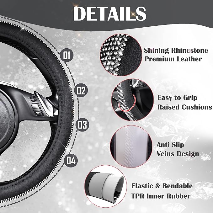 CAR PASS Diamond Black Leather Steering Wheel Cover, with Bling Crystal Rhinestones Universal Fit 14" 1/2-15" Crystal Glitter for Women Sparkle Girl Fit Suvs,Vans,Sedans,Cars,Trucks, White Diamond