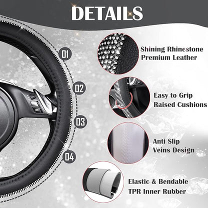 CAR PASS Diamond Black Leather Steering Wheel Cover, with Bling Crystal Rhinestones Universal Fit 14" 1/2-15" Crystal Glitter for Women Sparkle Girl Fit Suvs,Vans,Sedans,Cars,Trucks, White Diamond