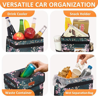 Vankor 3 Gallons Car Trash Can with Lid, Car Trash Bag Bin Hanging Waterproof Automotive Garbage Cans Leak Proof Vehicle Trash Can Navy Floral
