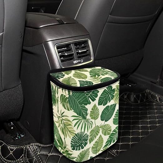 Talayituse Tropical Monstera Palm Leaves Print Car Trash Bin, Large Size Auto Trash Can Adjustable Portable Garbage Can with Lid, Vehicle Hanging Bag for Headrest Front Back Seat