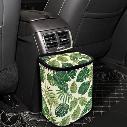 Talayituse Tropical Monstera Palm Leaves Print Car Trash Bin, Large Size Auto Trash Can Adjustable Portable Garbage Can with Lid, Vehicle Hanging Bag for Headrest Front Back Seat
