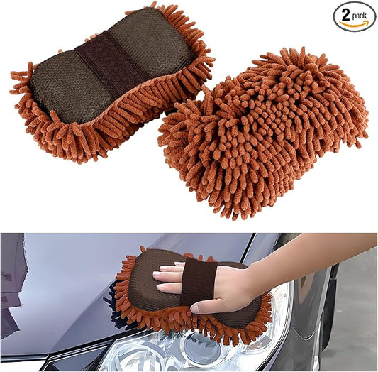 2PCS Microfiber Car Wash Sponge, Double Sided Chenille Microfiber Car Wash Mitt, Scratch Free & Lint Free, Absorbent Automotive Washing Sponges, Auto Cleaning Supplies (Brown)