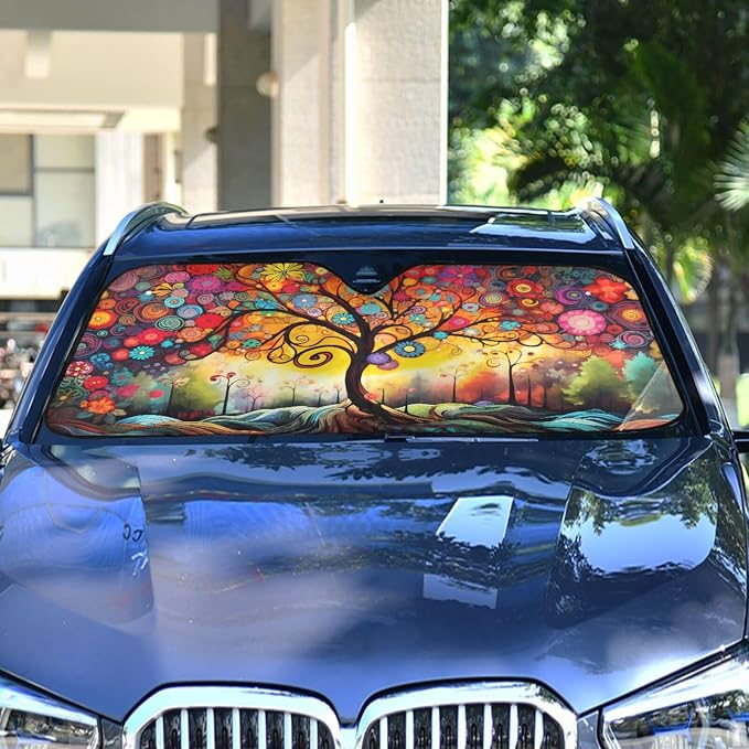 Windshield Sun Shade Abstract Flower Tree Front Window Block UV Shades Visor Reflective Retractable for Car SUV Trucks
