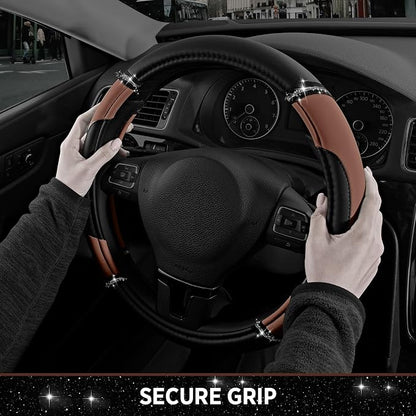 Road Comforts Leather Steering Wheel Cover - Made with PVC Leather - Anti-Slip Steering Wheel Cover Universal Fit Most 14 1/2 inches to 15 inches - Brown Color