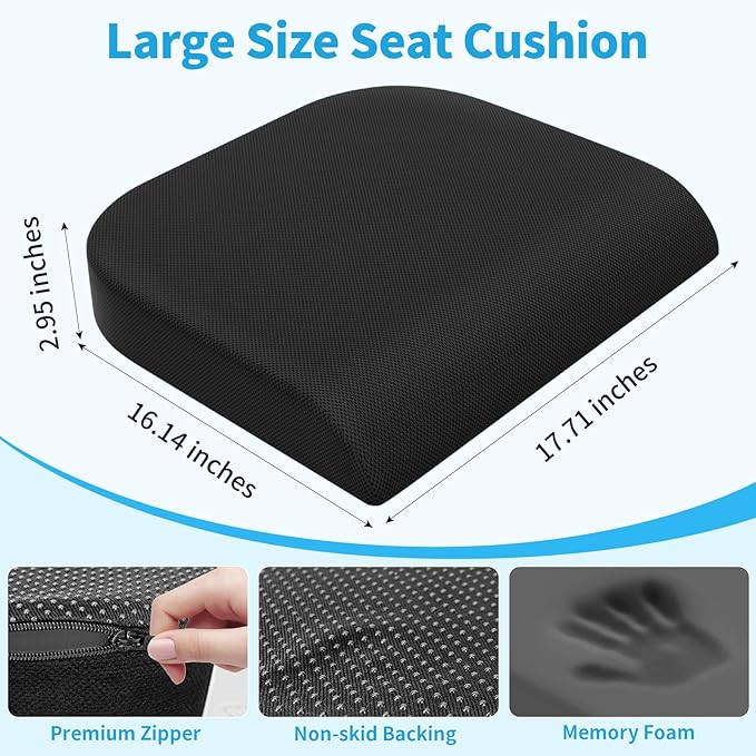 TranquilRelax Large Seat Cushion, Memory Foam Cushion for Long Sitting Hours on Office Chair, Car Seat, Non-Slip Chair Pad for Sciatica, Coccyx, Tailbone Pain Relief & Post-Surgery Recovery (Black)