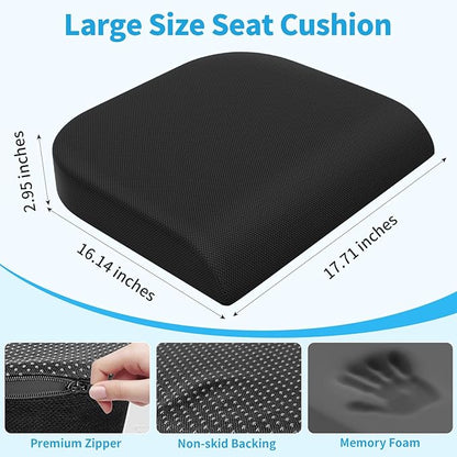 TranquilRelax Large Seat Cushion, Memory Foam Cushion for Long Sitting Hours on Office Chair, Car Seat, Non-Slip Chair Pad for Sciatica, Coccyx, Tailbone Pain Relief & Post-Surgery Recovery (Black)