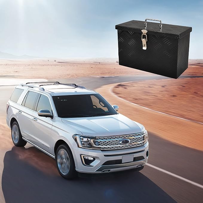16 Inch Aluminum Truck Bed Tool Box Truck Car Outdoor Trailer Pickup Underbody Toolbox,RV Storage OrganizerTrailer Storage W/Side Handle&Lock,5 Bar Tread,Black(16"X7.5"X10")