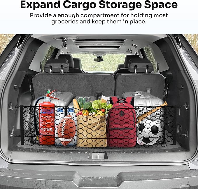 Canvcle Trunk Cargo Net for 2018-2025 2026 Chevrolet/Chevy Traverse Accessories Envelope Style Mesh Trunk Net Organizer and Storage Stretchable Adjustable Elastic Nylon Rear Cargo Netting with Hooks