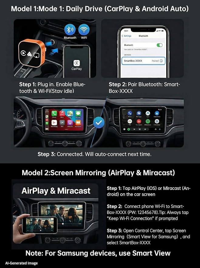 4-in-1 Wireless CarPlay & Android Auto Adapter – AirPlay & Miracast Media Hub – Seamless for Mixed Families – 5.8GHz Low-Latency & Auto-Connect – Factory Wired Cars Only (Orange)