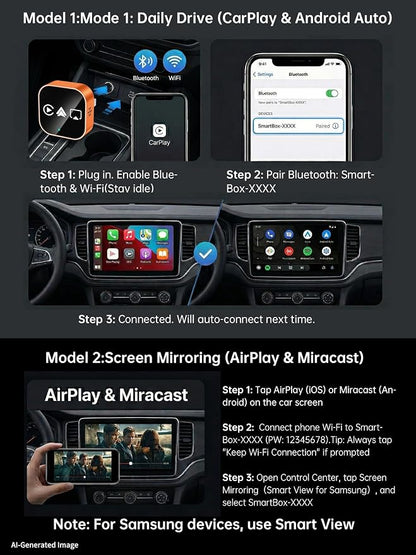 4-in-1 Wireless CarPlay & Android Auto Adapter – AirPlay & Miracast Media Hub – Seamless for Mixed Families – 5.8GHz Low-Latency & Auto-Connect – Factory Wired Cars Only (Orange)