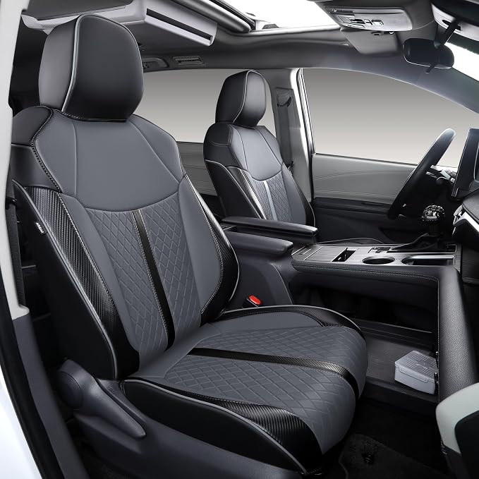 Custom Fit Sienna Seat Covers for 2021-2026 Toyota Sienna 7-Seat XLE XSE Woodland Limited Platinum [Ottoman Not Covered], Waterproof Faux Leather Full Set Airbag Compatible (Black+Grey)
