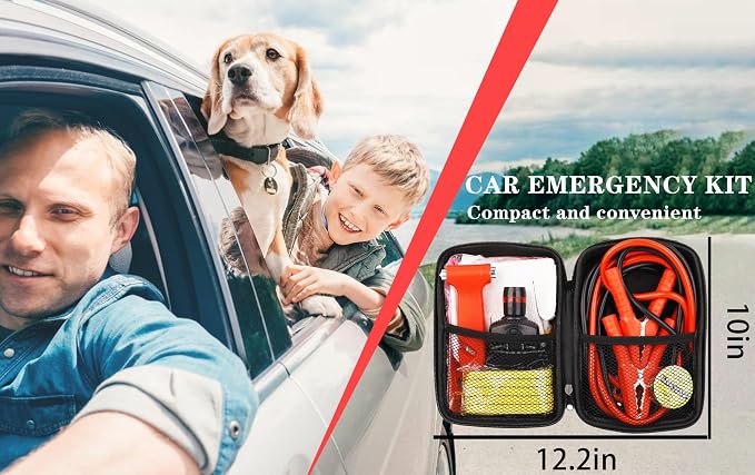 Roadside Emergency Car Kit,with Jumper Cables Roadside Kit Car Safety Kits | Emergency Car Kit Tow Straps,Headlamp, Safety Hammers, Gloves, Auto Emergency Kits Vehicles Gifts for New Drivers
