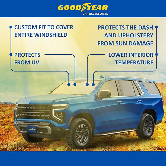 Goodyear Foldable Windshield Sunshade for Chevrolet (Chevy) Tahoe 2021-2026, SUV car Accessories, Sunshade Cover, Sun Shade Car Windshield, Window Sun Blocker - GY008221