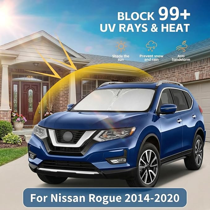 for Nissan Rogue 2014-2020 Windshield Sun Shade Front Window Shade Custom Fit Rogue Accessories Sun Visor Foldable Shade Blocks UV Rays Summer Must Have Car Accessories
