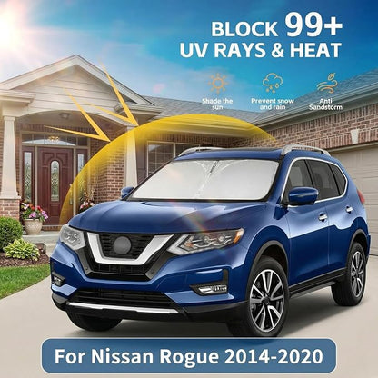for Nissan Rogue 2014-2020 Windshield Sun Shade Front Window Shade Custom Fit Rogue Accessories Sun Visor Foldable Shade Blocks UV Rays Summer Must Have Car Accessories