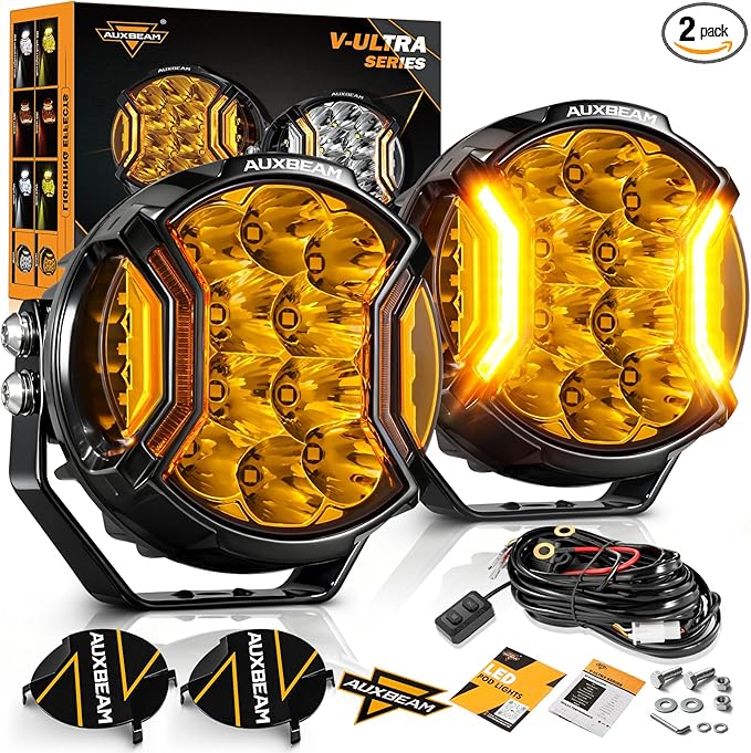 Auxbeam V-Ultra Series LED Round Light Pods, 5 Inch 172W Offroad Driving Side Shooter Light with Amber DRL, 270° Wide Range 20400LM Yellow/Amber Hyper Spot Beam Ditch Lights with Black Cover