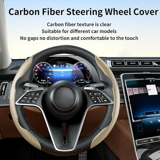 Carbon Fiber Steering Wheel Cover, 2-Piece Set Anti-Skid Comfortable Grip Segmented Butterfly Design, Easy Snap-On Installation Universal Fit 99% Cars, Beige