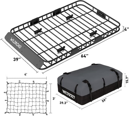Wildroad Car Roof Cargo Carrier Combo of Upgraded 64"x 39"x 4" Roof Rack Cargo Basket with 21 Cubic ft Ultra Waterproof Anti-Tear Fabric Cargo Carrier Bag and Super Duty Bungee Cargo Net