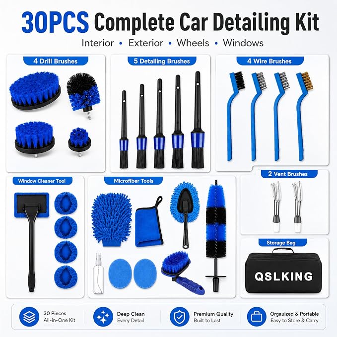 30 PCS Car Detailing Kit - Car Cleaning Wash Brush Set, Auto Interior Detailing Washing Brush Kit Tool, Car Cleaning Supplies, Exterior Wheel Drill Brush, Automotive Tools Detailing Brushes