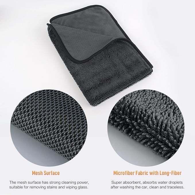 SINLAND 3-Pack Microfiber Shiny Wipes Shower Cleaning Cloths - Ultra Absorbent Drying Towel for Cars and Trucks, 600gsm, Streak-Free, Without Scratches or Water Spots 16" x 24" Dgrey